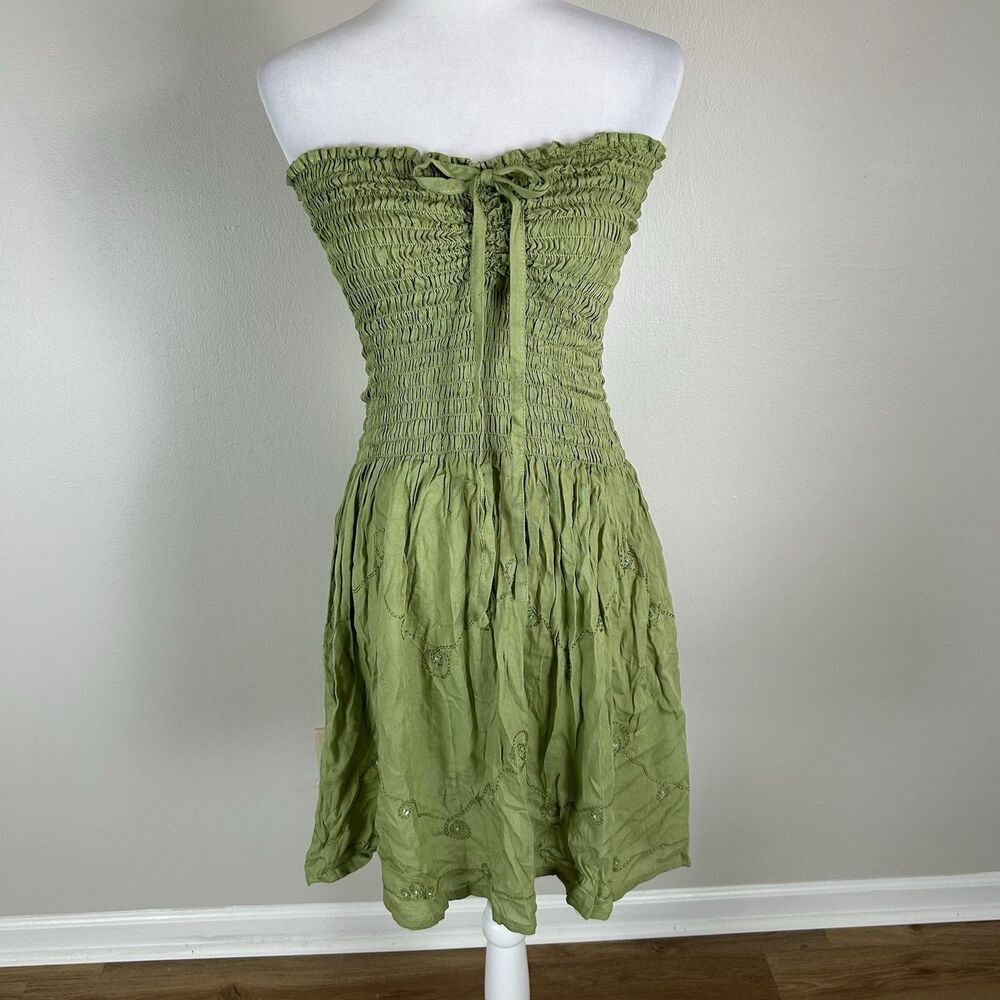 Green Strapless Dress Smocked Beaded Embroidered Fairy Grunge Nymph Tube